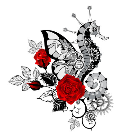 Steampunk composition of an outlined, artistically drawn, mechanical seahorse with butterfly wing, decorated with black stems and blooming red roses on white background.のイラスト素材