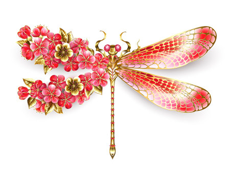 Artistically drawn, gold, jeweled dragonfly with red and wings decorated with red, blooming, jeweled Japanese cherry on white background. Gold Dragonfly.のイラスト素材