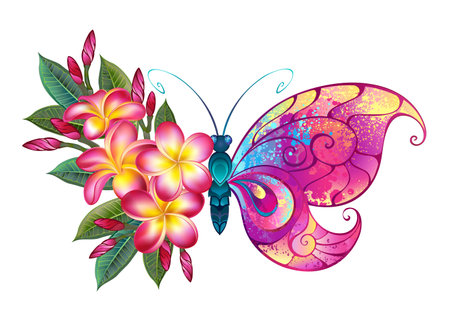 Floral butterfly with wings painted with droplets of pink, yellow and blue paint, decorated with pink, blooming, detailed plumeria. Fairy Butterfly.のイラスト素材