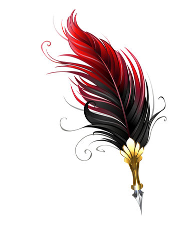 Artistically drawn, antique fountain pen embellished with dark red feather on white background.のイラスト素材