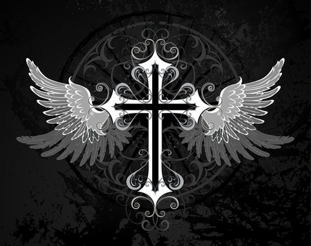 Patterned, gothic, white cross decorated with gray, angelic wings on black textured background. Gothic style.のイラスト素材