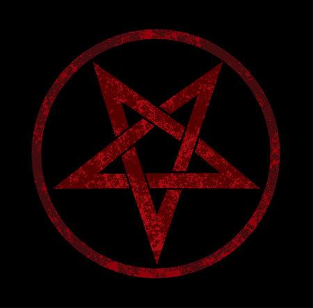 Red, inverted, textured pentagram in circle, on black background. Occult symbol.のイラスト素材