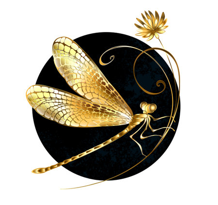 Artistically painted, gold, jewelry, sparkling dragonfly with detailed, filigree wings on golden wild flower, against black textured circle. Golden dragonfly.のイラスト素材