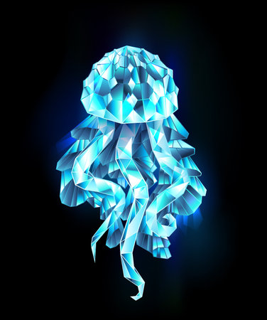 Polygonal, jellyfish made of sparkling blue ice on black background. Polygonal jellyfish.のイラスト素材