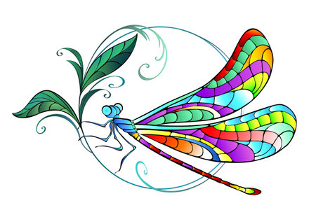 Sitting in a circle, artistically drawn, contoured dragonfly with patterned, detailed, iridescent wings with delicate green plant on white background. Original drawing of dragonfly.のイラスト素材
