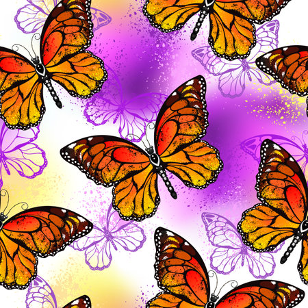 Seamless pattern of artistically drawn, vibrant, orange monarch butterflies on splashed purple and yellow colorful background. Monarch butterfly.のイラスト素材