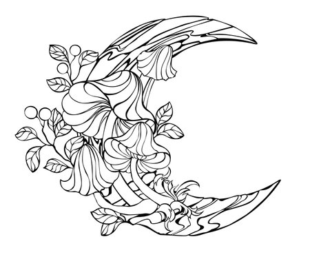 Contour wooden crescent with contour, artistically drawn mushrooms and lingonberry sprigs growing on it on white background. Coloring book. Mystical boho mushrooms, woodland forest symbols.のイラスト素材