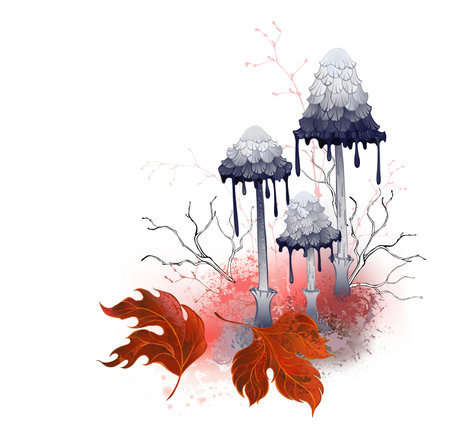 Composition of gray, artistically drawn, ink mushrooms on moss glade with red autumn, textured leaves on white background. Autumn design with mushrooms.のイラスト素材