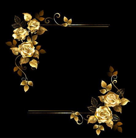 Rectangular composition of artistically drawn, jewelry, precious, sparkling gold roses. Golden Rose.のイラスト素材