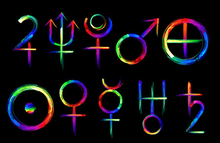 Symbols of planets drawn with large strokes of rainbow, bright, multicolored, fluorescent, neon paint on black background. Expressive drawing with luminous acrylic.のイラスト素材
