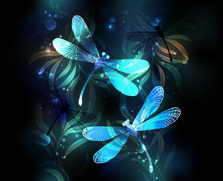 Two transparent, luminous, turquoise, artistically drawn dragonflies on night background with luminescent lake algae and fireflies. Glowing dragonfly.のイラスト素材