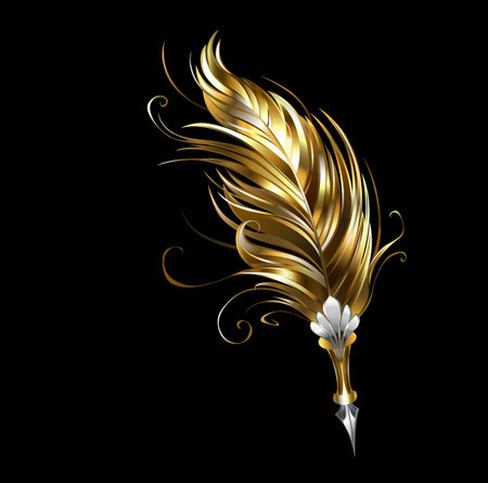 Artistically drawn, antique fountain pen adorned with fluffy gold, glittery foil feather on black background. Steampunk style.のイラスト素材