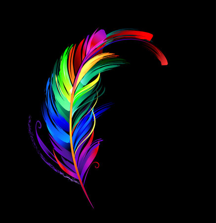Rainbow, picturesque feather, painted with large strokes of fluorescent paint on black background. Expressive drawing with luminous paint.のイラスト素材