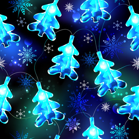 Seamless pattern of Christmas garland with glowing, blue Christmas tree lights on black background with blue snowflakes. Christmas decorations.のイラスト素材