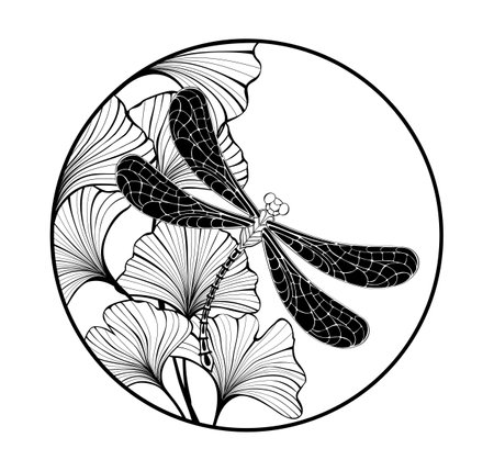 Round composition of artistically drawn, flying, contoured dragonfly with detailed, realistic wings on white background with ginko biloba leaves. Contour dragonfly.のイラスト素材