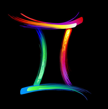 Gemini zodiac sign, painted with large strokes of rainbow, bright, multicolor, luminescent, neon paint on black background. Zodiac symbol.のイラスト素材
