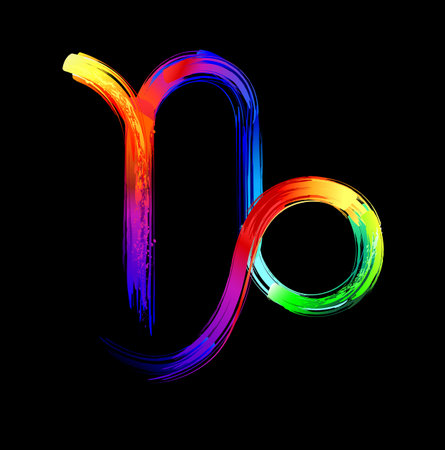 Capricorn zodiac sign, painted with large strokes of rainbow, bright, multicolor, luminescent, neon paint on black background. Zodiac symbol.のイラスト素材