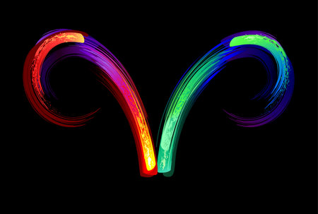 Zodiac sign Aries, painted with large strokes of rainbow, bright, multicolor, luminescent, neon paint on black background. Zodiac symbol.のイラスト素材