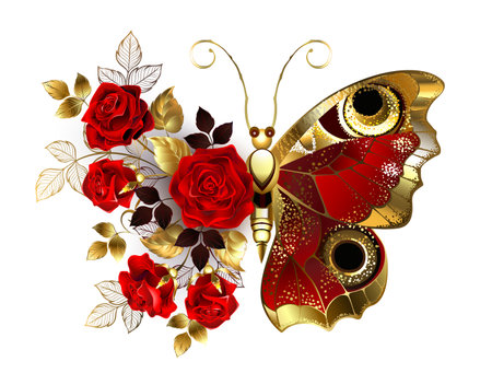 Red peacock eyed flower butterfly with red textured wing, decorated with composition of red, artistically painted roses with golden stems and leaves on white background.のイラスト素材