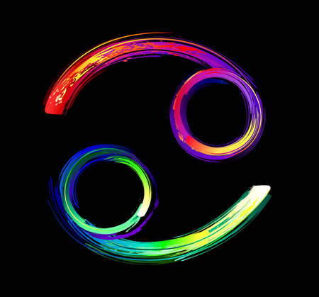 Zodiac sign Cancer, painted with large strokes of rainbow, bright, multicolor, luminescent, neon paint on black background. Zodiac symbol.のイラスト素材