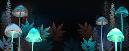 Title page design with glowing green mushrooms and autumn, brown and turquoise leaves on black background. Glowing mushrooms.のイラスト素材