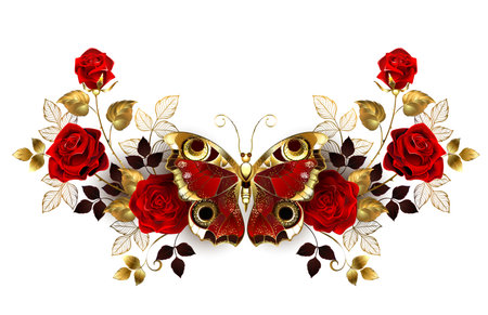 Symmetrical floral arrangement of red, blooming roses with gold jewelry, leaves and stems and detailed, red peacock butterfly on white background. Red Rose.のイラスト素材