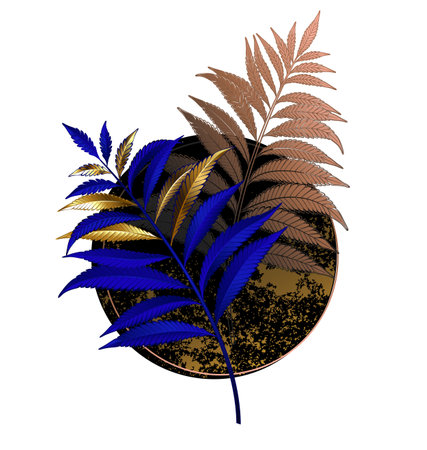 Asymmetrical, unusual, floral composition of gold and ultramarine, blue fern branch with black textured circle on white background. Fern branch.のイラスト素材