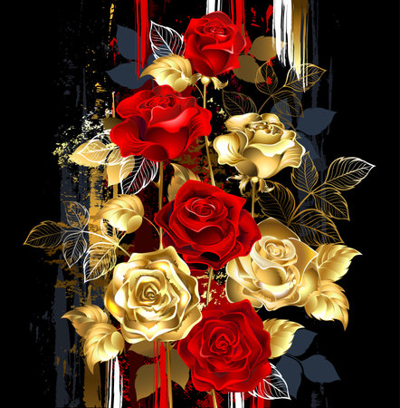 Floral composition of gold, jewelry, shiny roses and red, blooming roses on dark background painted over with large strokes of paint. Gold Rose. Art Painting.のイラスト素材