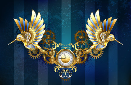 Symmetrical composition of gold, shiny, mechanical hummingbirds, brass gears and antique clocks on blue, textured, striped background. Steampunk style.のイラスト素材