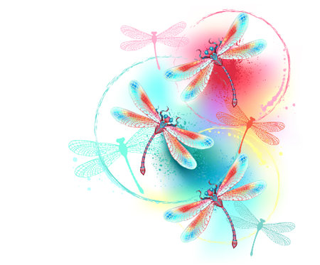 Swarm of red, artistically drawn, detailed dragonflies on background painted over with red, blue and green watercolor paint. Red dragonfly. Summer design.のイラスト素材