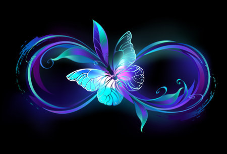 Infinity symbol with magical, purple glowing butterfly with transparent wings, on black background. Glowing butterfly.のイラスト素材