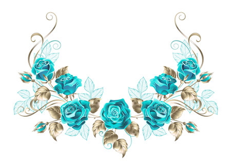 Symmetrical garland of turquoise, artistically painted roses with gold jewelry and thin turquoise leaves on white background. Turquoise rose.のイラスト素材
