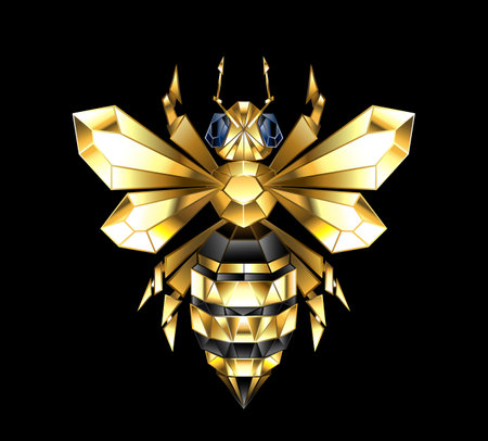 Gold, jewelry, polygonal bee with golden sparkling wings on black background. Polygonal style animal.Golden bee.のイラスト素材