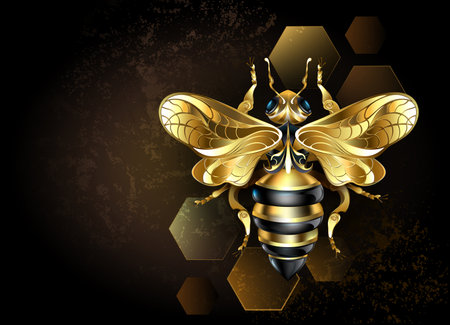 Artistically drawn, golden, shiny, mechanical bee with filigree sparkling wings on brown textured background with transparent honeycombs. Golden mechanical bee.のイラスト素材