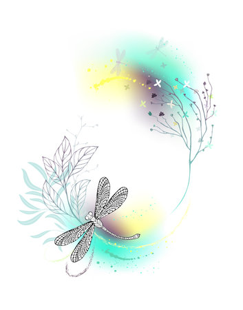 Green, oval monogram of green, flowering branches and wild plants with flying outline dragonflies on white background. Unusual design for an invitation.のイラスト素材