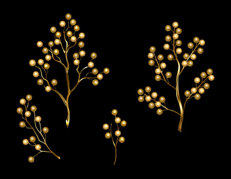 Set of gold, jewelry, shiny twigs of Winterberry Holly on black background. Golden Winterberry Holly.Winter Natural Decoration.のイラスト素材