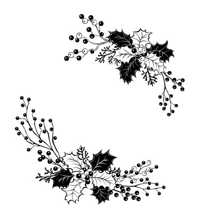 Christmas, cozy composition of artistically drawn, silhouetted and contoured holly leaves, thin twigs of winterberries and juniper on white background. Christmas silhouette design.のイラスト素材