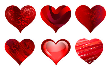 Set of artistically drawn with strokes of bright red paint, textured valentines on white background. Valentines day design.のイラスト素材