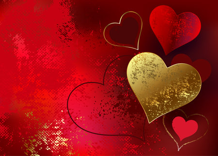 Golden, shiny, brocade valentine on picturesque textured background painted with red paint. Valentines day design.のイラスト素材