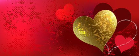Banner with golden, shiny, textured valentine on bright red, textured background with fabric texture. Valentines day design.のイラスト素材