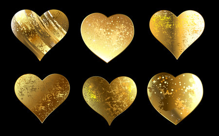 Set of isolated, artistically drawn valentines made of sparkling gold foil on black background. Valentines day design.のイラスト素材