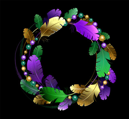 Mardi Gras wreath of green, purple, yellow, artistically drawn fluffy feathers and shiny textured beads on black background. Mardi Gras design.のイラスト素材