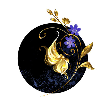 Artistically drawn, golden, jewelry, sparkling butterfly with detailed, filigree wings on golden wildflower with blue buds, on black textured circle background. Golden butterfly.のイラスト素材
