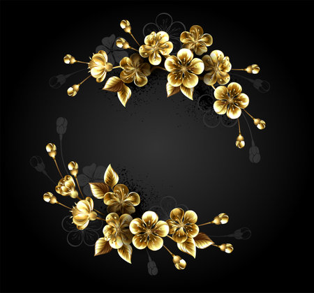 Round monogram of jeweled twigs, gold cherry blossom on black background. Golden Japanese cherry blossom.のイラスト素材