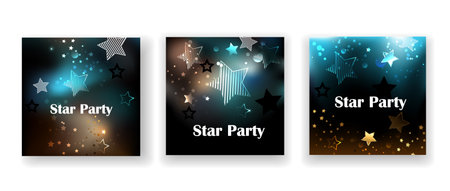 Festive flyers with glowing gold and blue striped stars. Design for party parties. Star Party.のイラスト素材