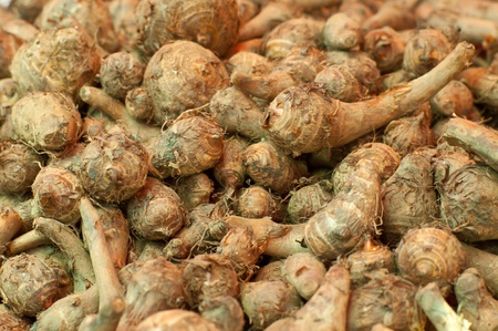 Fresh whole taro root backgroundの写真素材