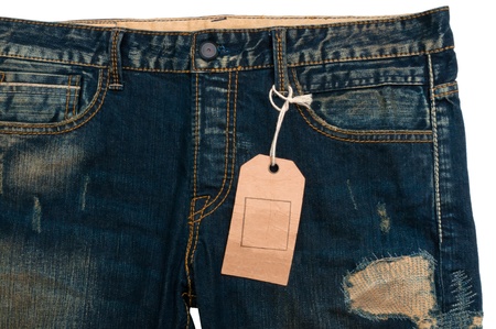 Blue jeans detail blank tag paper jeans label on white backgroundの写真素材