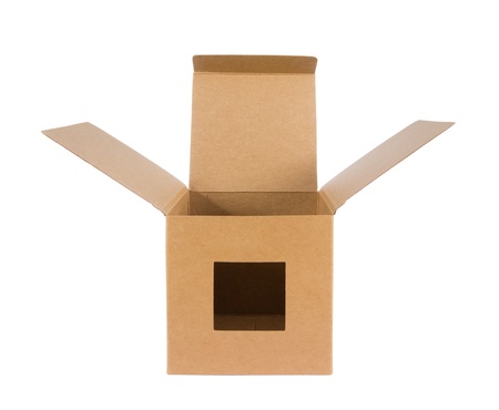 Cardboard box front side with isolated on whiteの写真素材