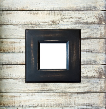 Black Vintage picture frame, wood plated, old wood background, clipping path includedの写真素材