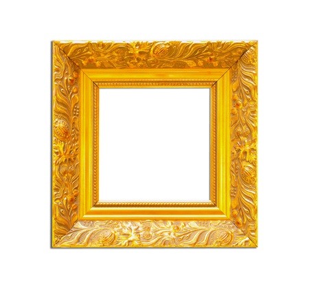 Gold Vintage picture frame, wood plated, white background, clipping path includedの写真素材